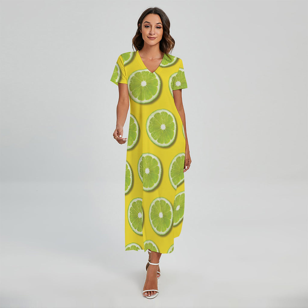 Lime Slices Pattern Print Short Sleeve Maxi Dress