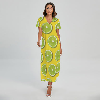 Lime Slices Pattern Print Short Sleeve Maxi Dress