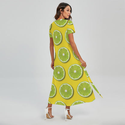 Lime Slices Pattern Print Short Sleeve Maxi Dress