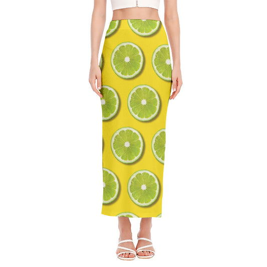 Lime Slices Pattern Print Side Slit Maxi Skirt