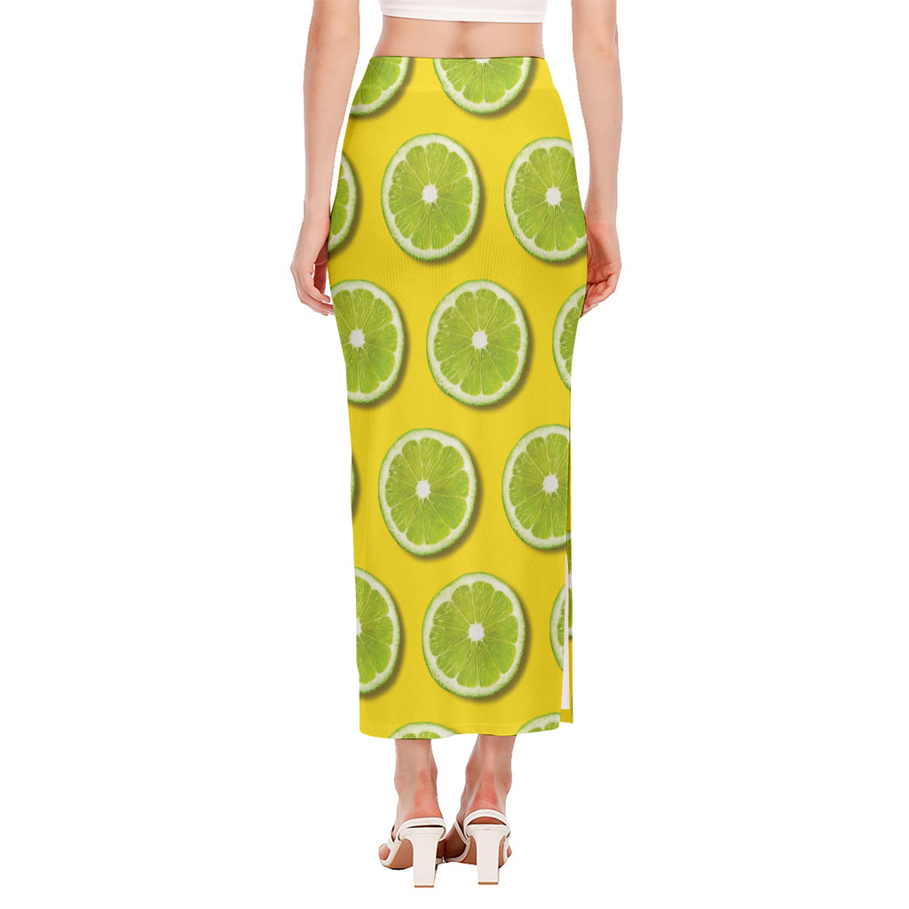 Lime Slices Pattern Print Side Slit Maxi Skirt