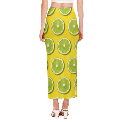 Lime Slices Pattern Print Side Slit Maxi Skirt