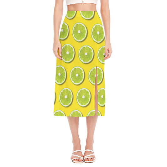 Lime Slices Pattern Print Side Slit Midi Skirt