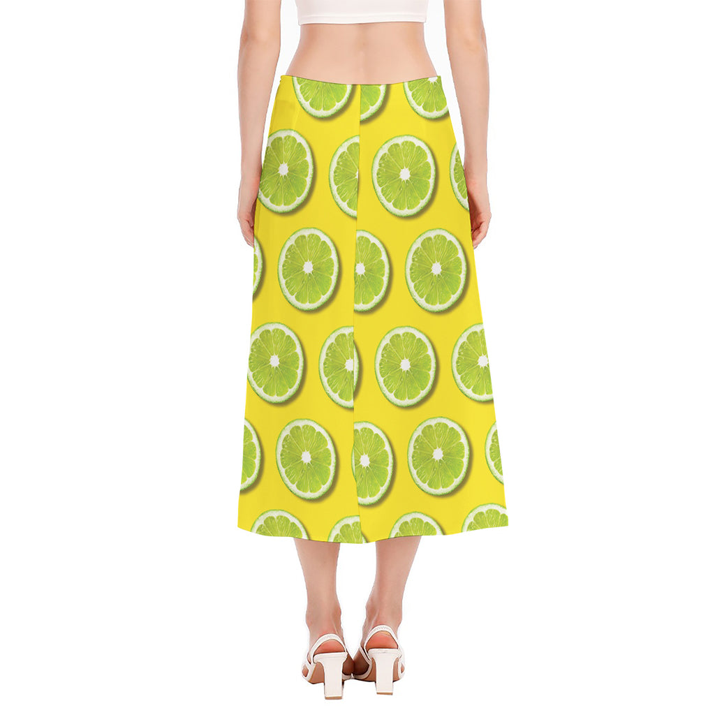 Lime Slices Pattern Print Side Slit Midi Skirt