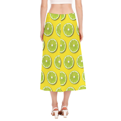 Lime Slices Pattern Print Side Slit Midi Skirt