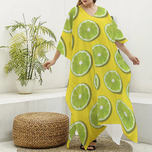 Lime Slices Pattern Print Silk V-Neck Kaftan Dress