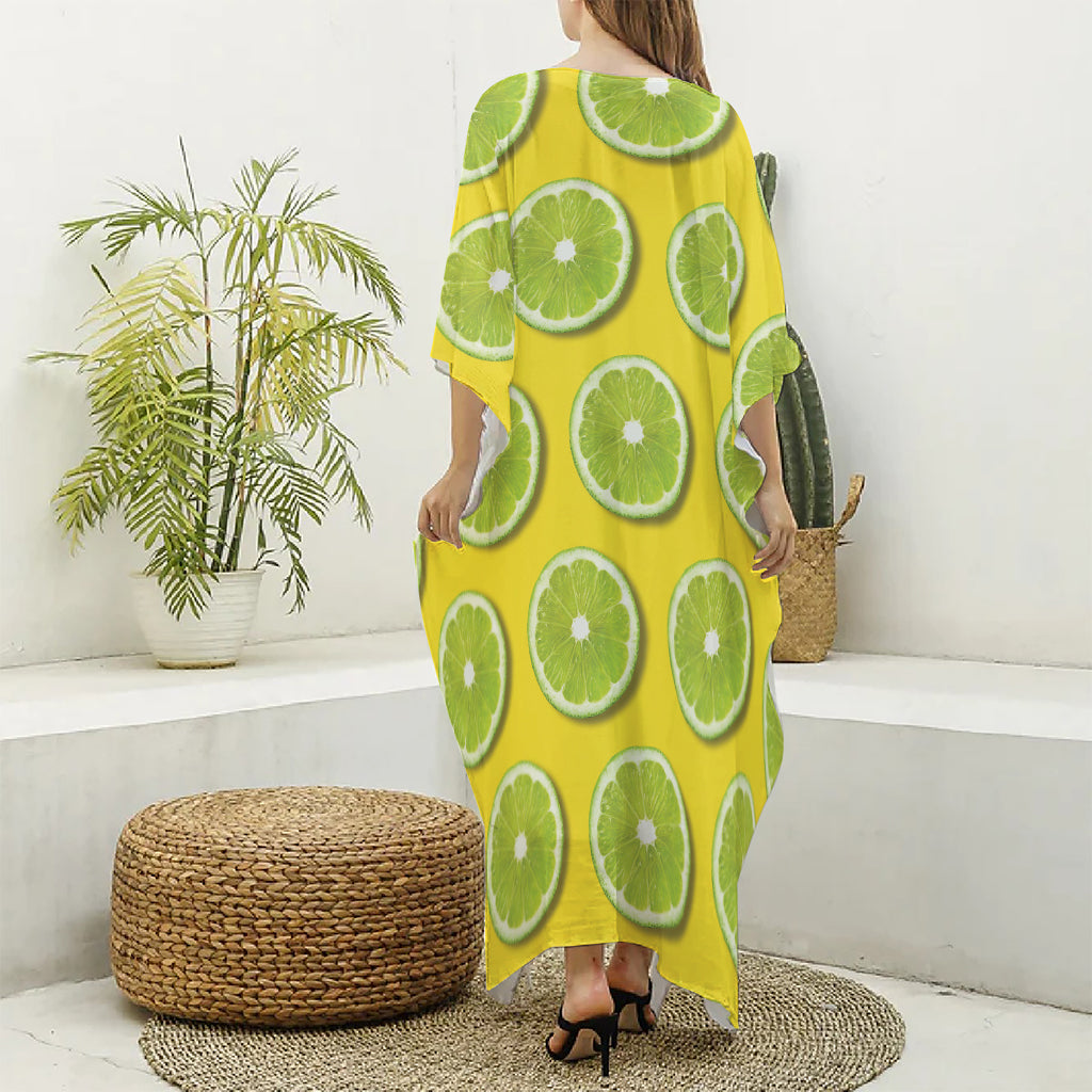 Lime Slices Pattern Print Silk V-Neck Kaftan Dress