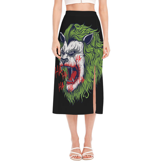 Lion Joker Print Side Slit Midi Skirt