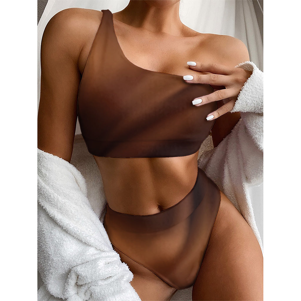Liquid Chocolate Print One Shoulder Bikini Top