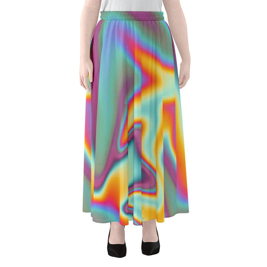 Liquid Holographic Trippy Print Chiffon Maxi Skirt