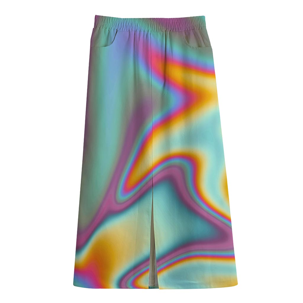 Liquid Holographic Trippy Print Cotton Front Slit Maxi Skirt