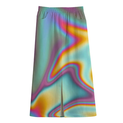 Liquid Holographic Trippy Print Cotton Front Slit Maxi Skirt