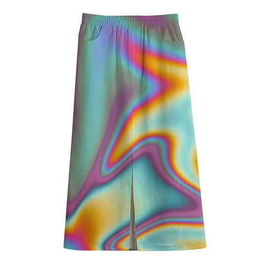 Liquid Holographic Trippy Print Cotton Front Slit Maxi Skirt