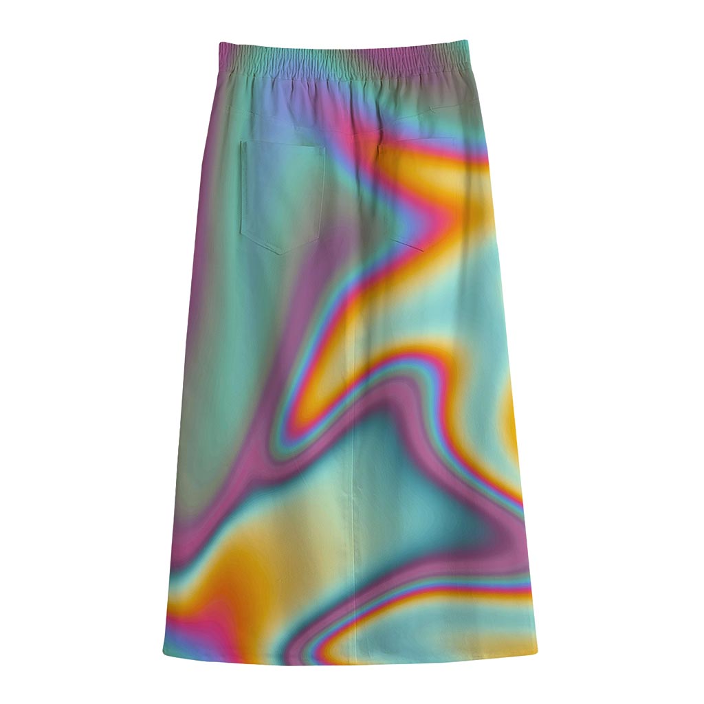 Liquid Holographic Trippy Print Cotton Front Slit Maxi Skirt