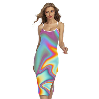Liquid Holographic Trippy Print Cross Back Cami Dress