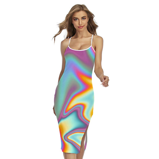 Liquid Holographic Trippy Print Cross Back Cami Dress