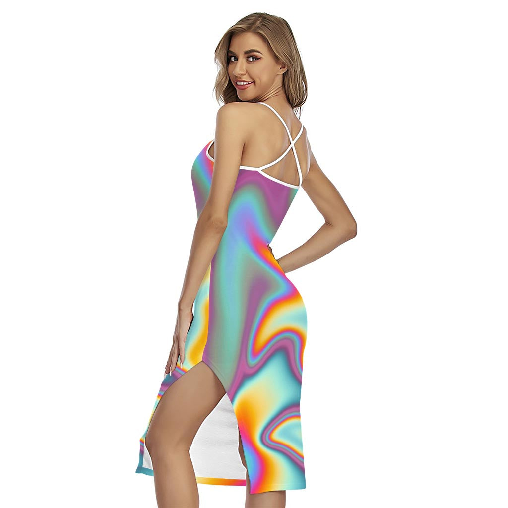 Liquid Holographic Trippy Print Cross Back Cami Dress