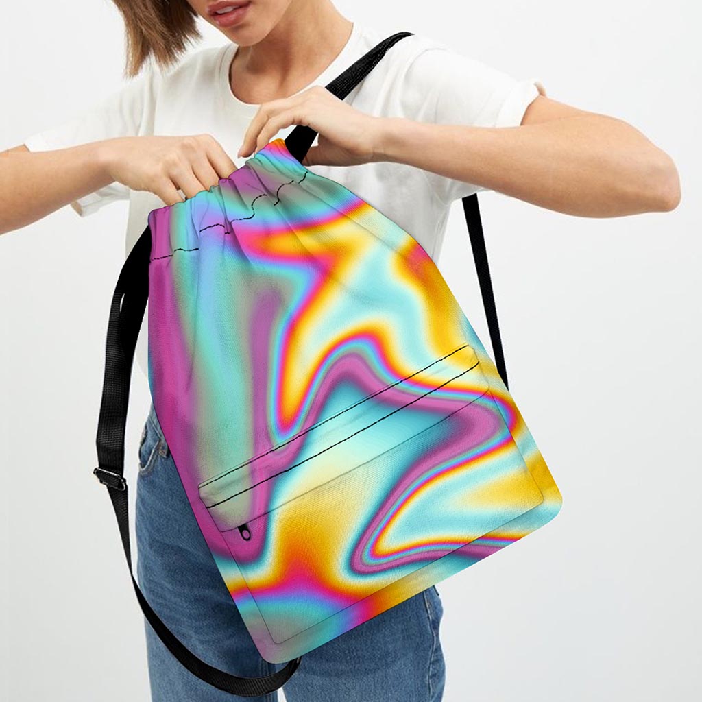 Liquid Holographic Trippy Print Drawstring Backpack