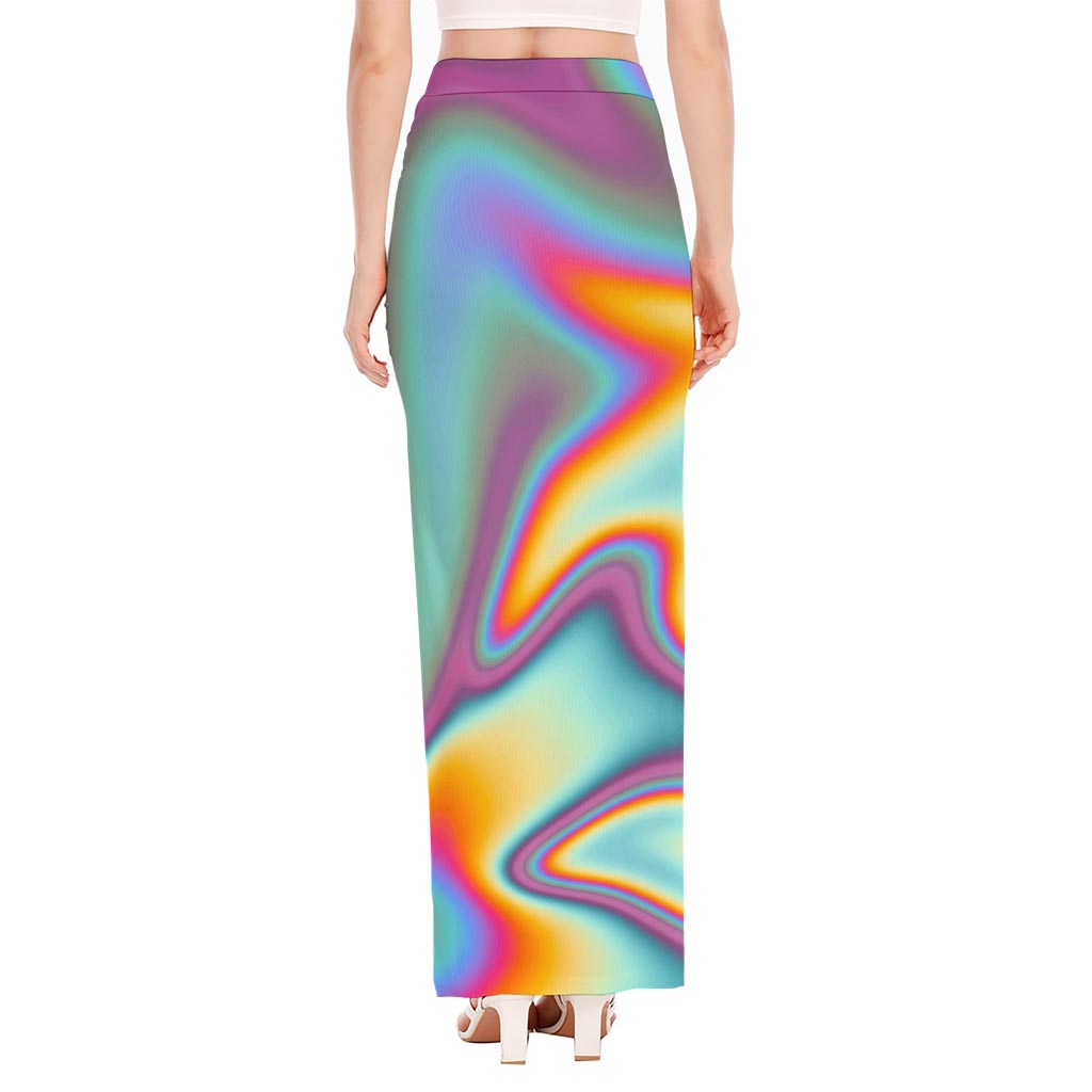 Liquid Holographic Trippy Print High Slit Maxi Skirt