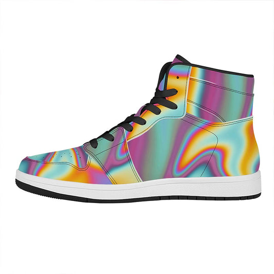 Liquid Holographic Trippy Print High Top Leather Sneakers