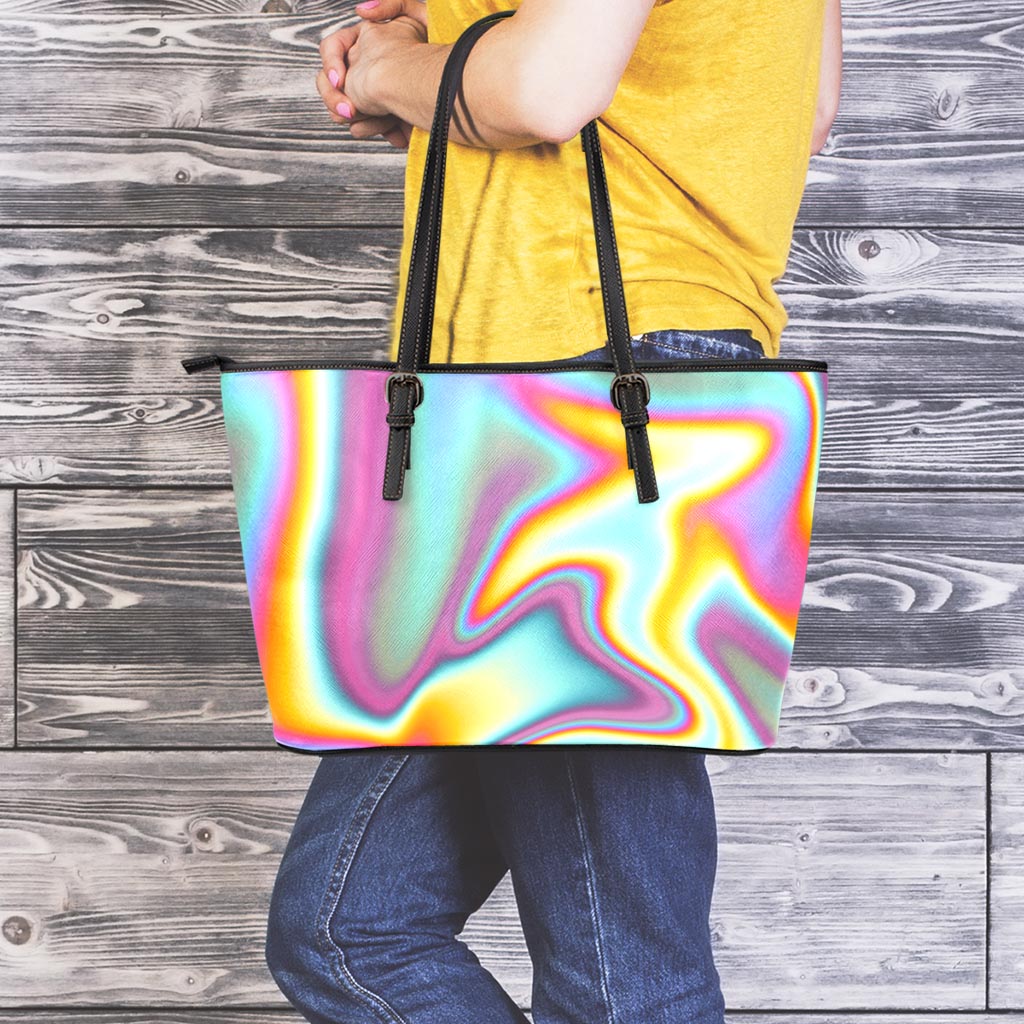 Liquid Holographic Trippy Print Leather Tote Bag