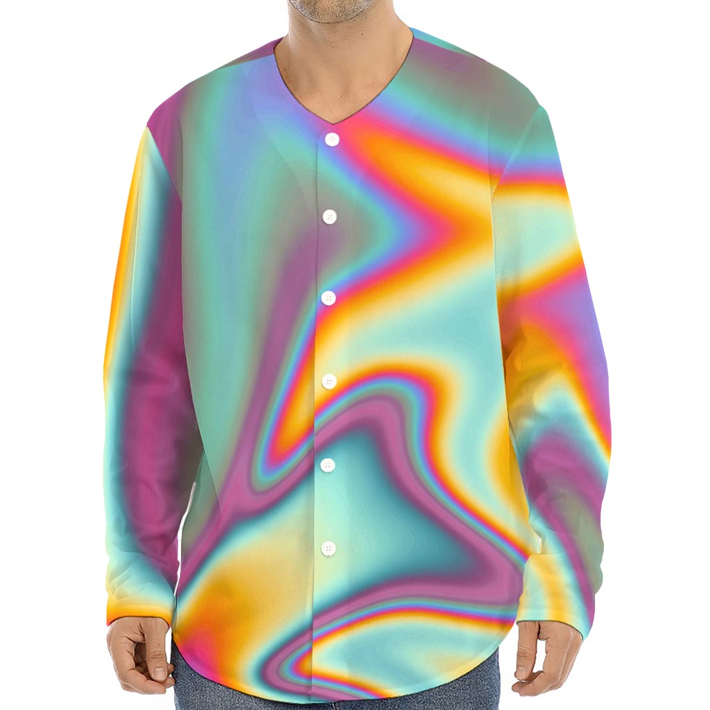 Liquid Holographic Trippy Print Long Sleeve Baseball Jersey