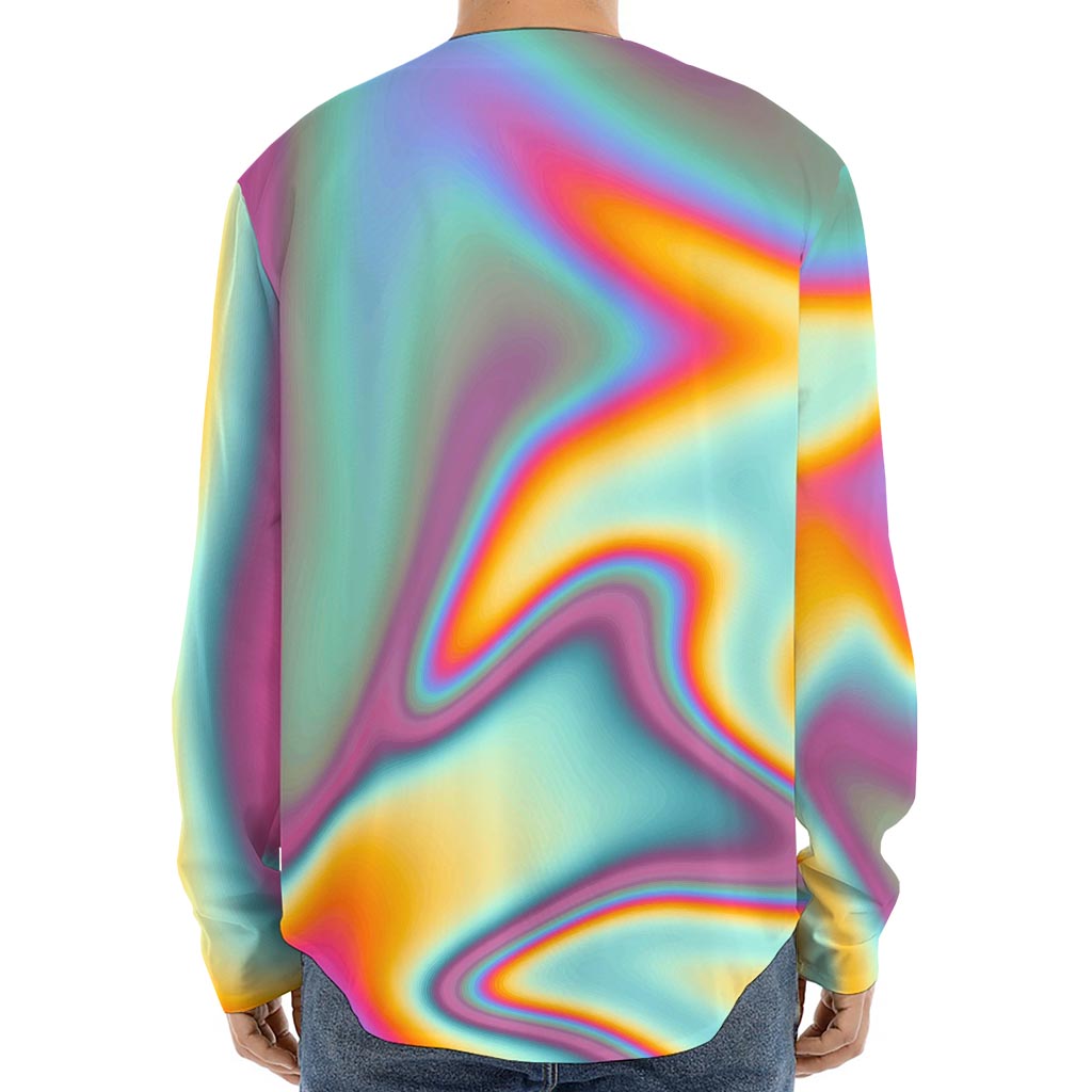 Liquid Holographic Trippy Print Long Sleeve Baseball Jersey