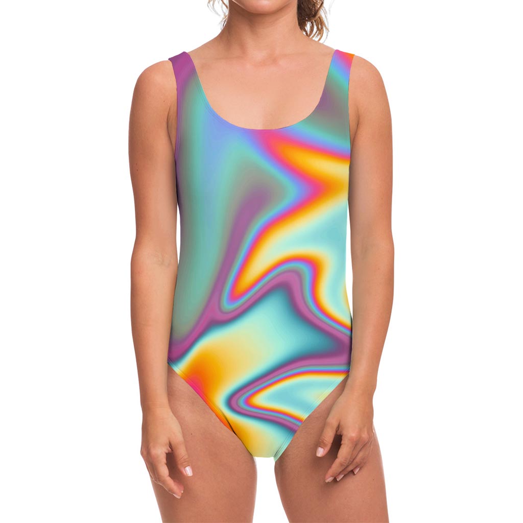 Liquid Holographic Trippy Print One Piece Swimsuit