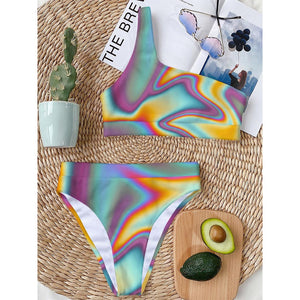 Liquid Holographic Trippy Print One Shoulder Bikini Top