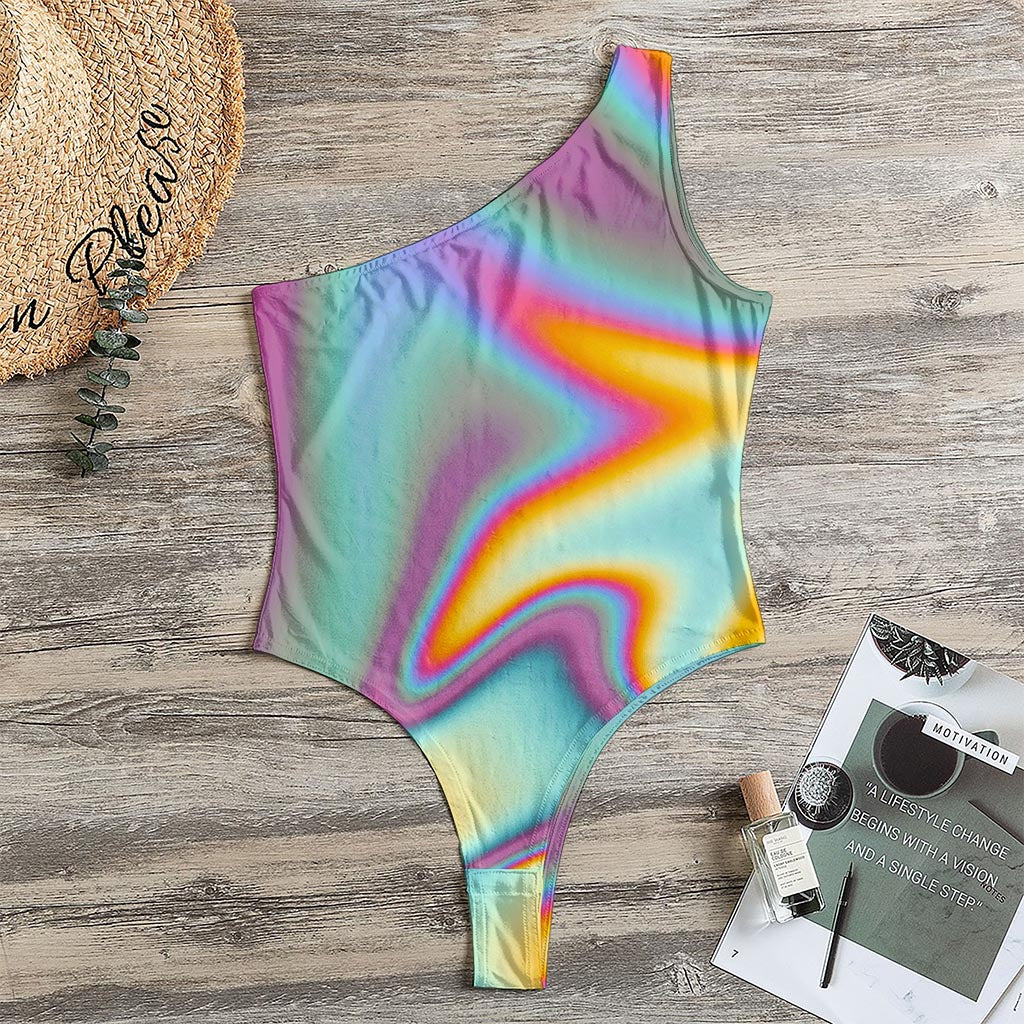 Liquid Holographic Trippy Print One Shoulder Bodysuit