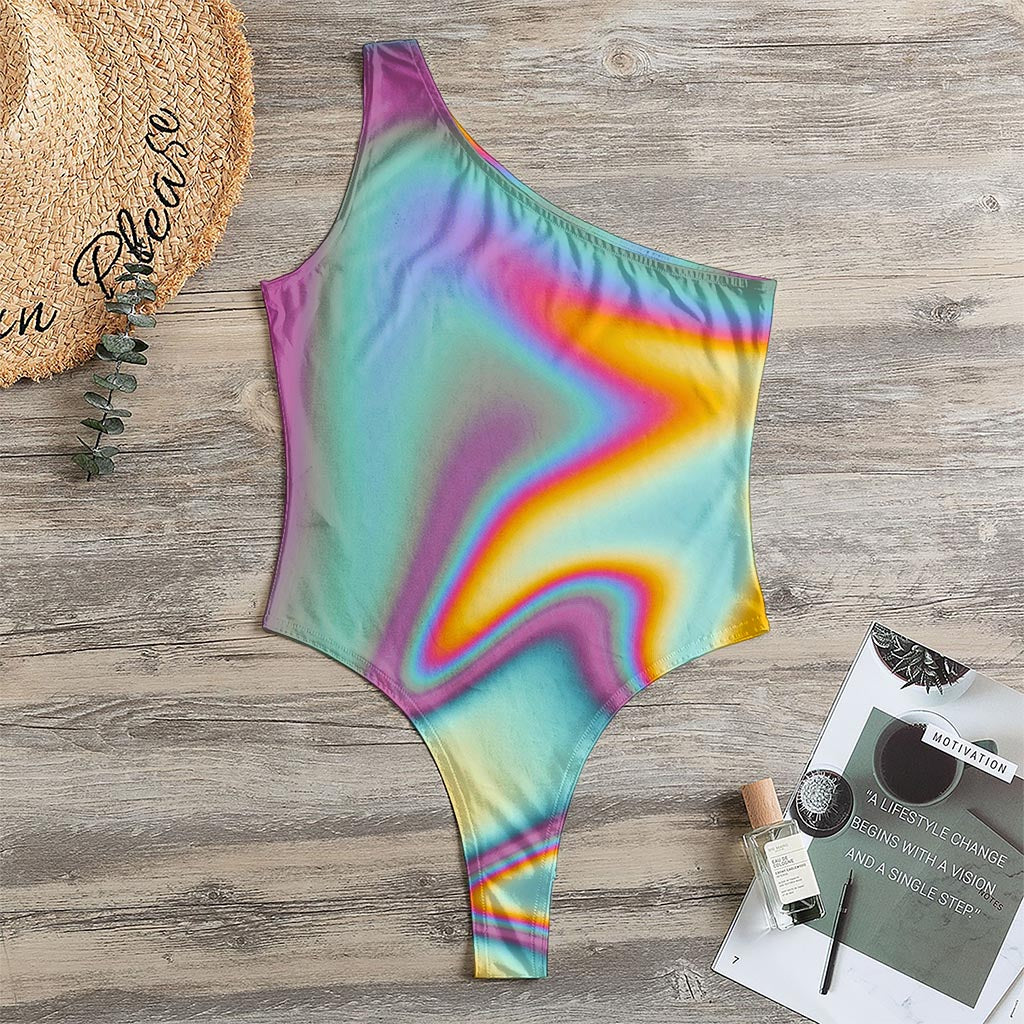 Liquid Holographic Trippy Print One Shoulder Bodysuit