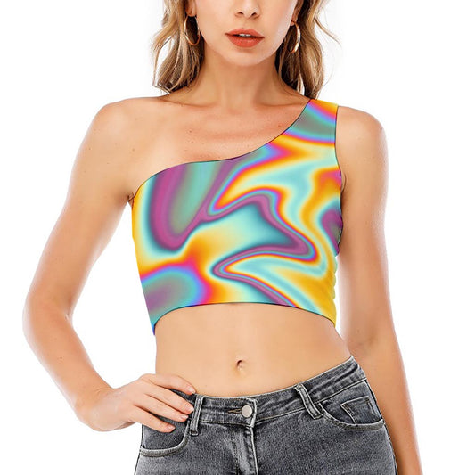 Liquid Holographic Trippy Print One Shoulder Crop Top