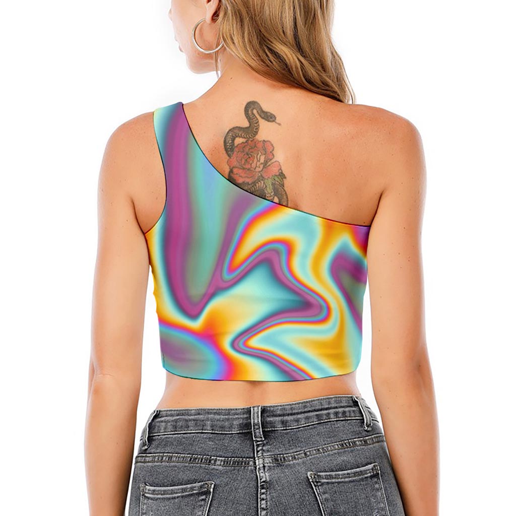 Liquid Holographic Trippy Print One Shoulder Crop Top