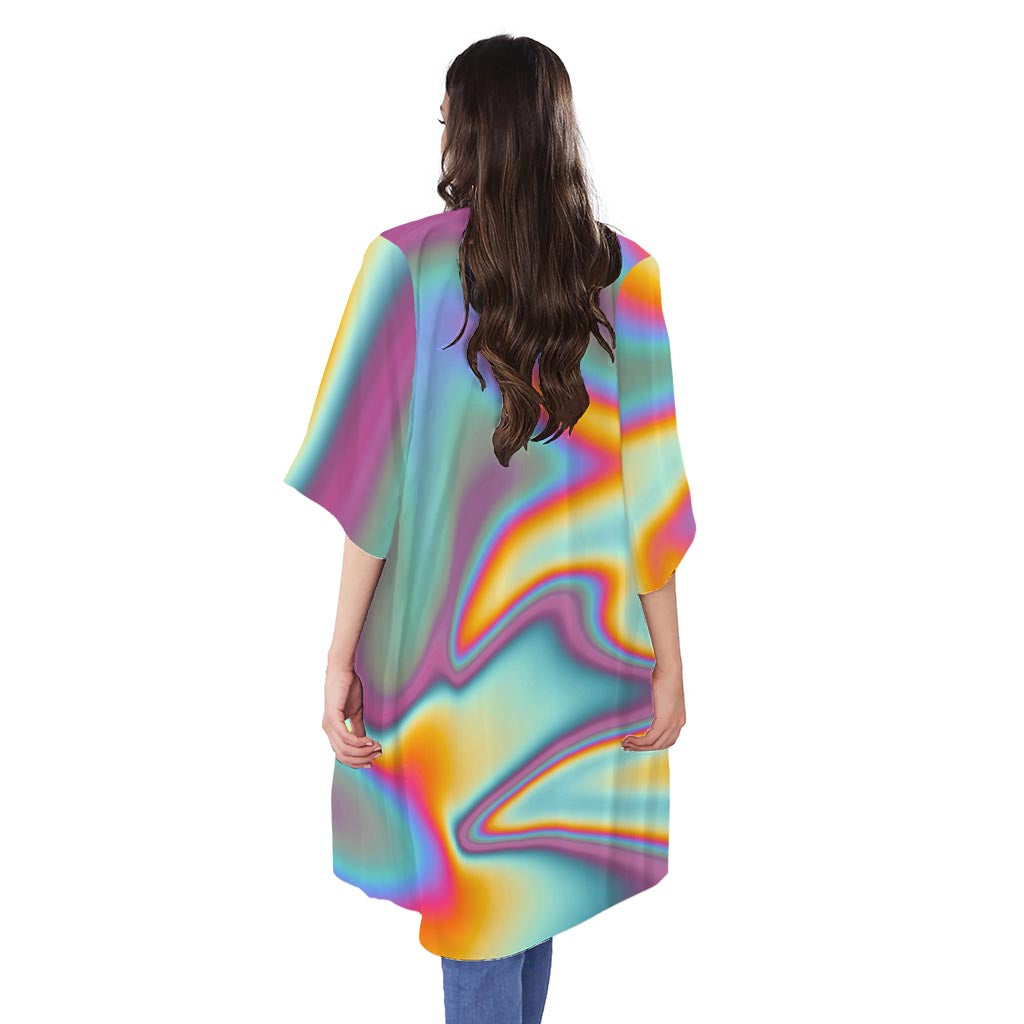 Liquid Holographic Trippy Print Open Front Beach Cover Up