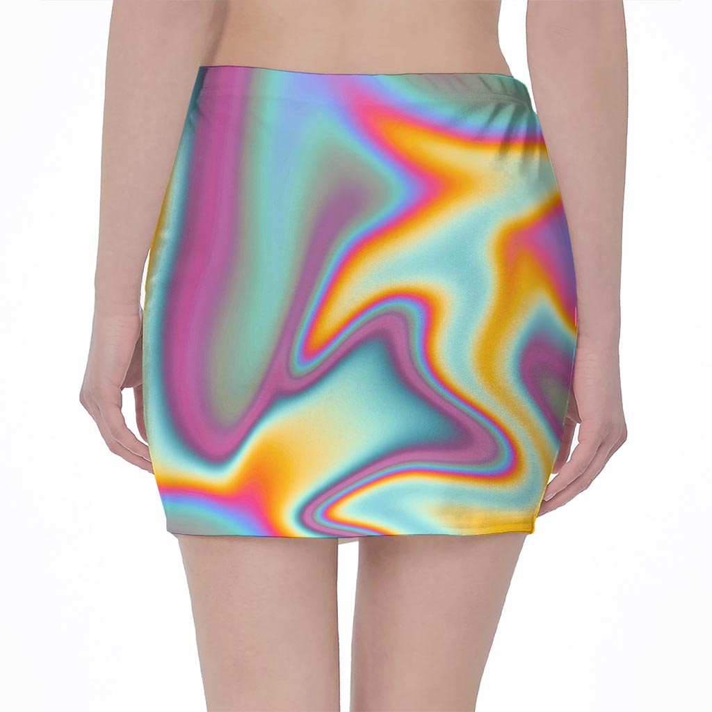 Liquid Holographic Trippy Print Pencil Mini Skirt