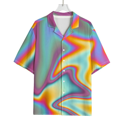 Liquid Holographic Trippy Print Rayon Hawaiian Shirt
