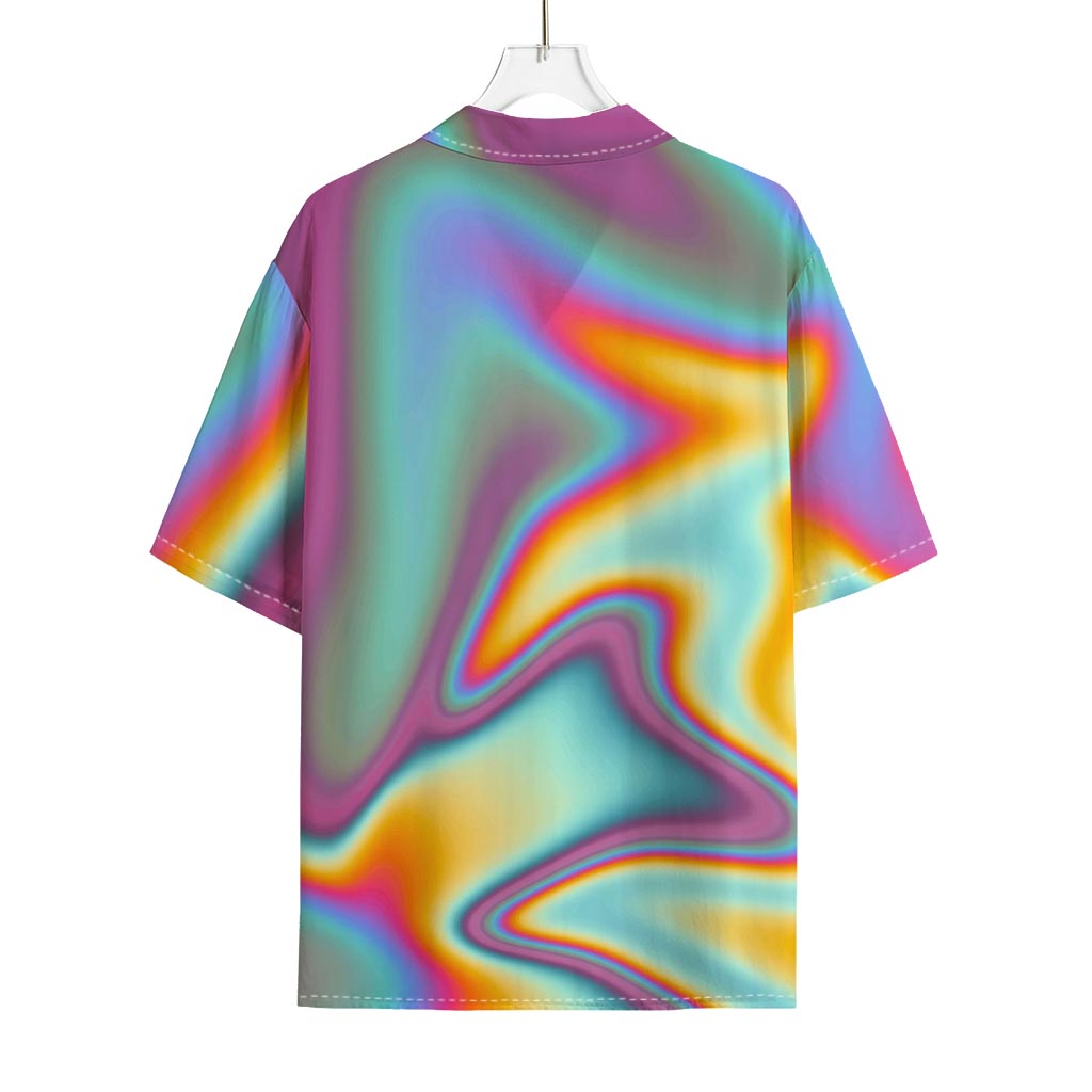 Liquid Holographic Trippy Print Rayon Hawaiian Shirt