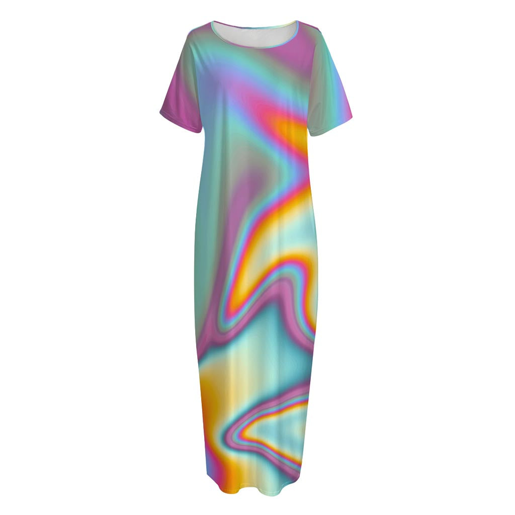 Liquid Holographic Trippy Print Short Sleeve Long Nightdress