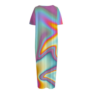 Liquid Holographic Trippy Print Short Sleeve Long Nightdress