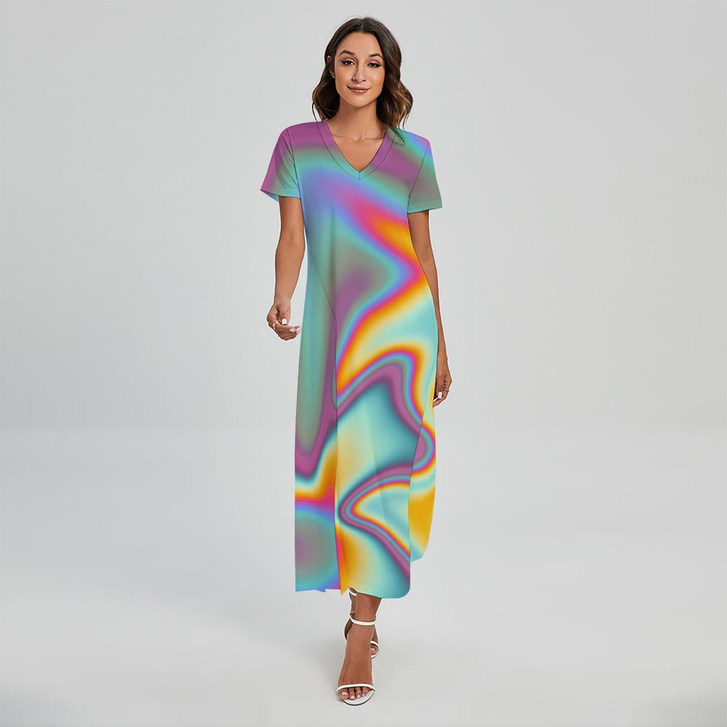 Liquid Holographic Trippy Print Short Sleeve Maxi Dress