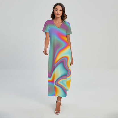 Liquid Holographic Trippy Print Short Sleeve Maxi Dress