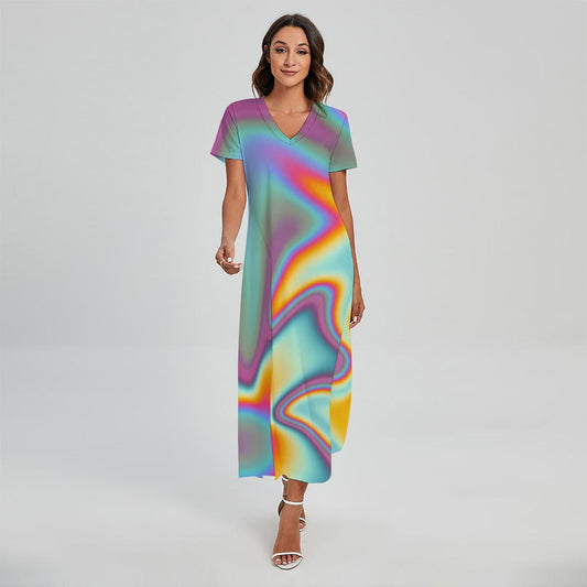 Liquid Holographic Trippy Print Short Sleeve Maxi Dress