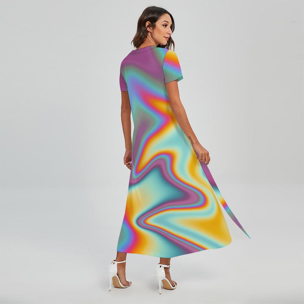 Liquid Holographic Trippy Print Short Sleeve Maxi Dress