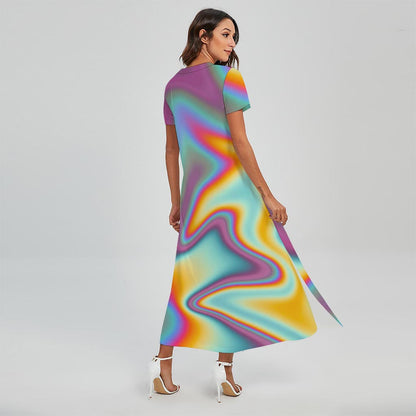 Liquid Holographic Trippy Print Short Sleeve Maxi Dress