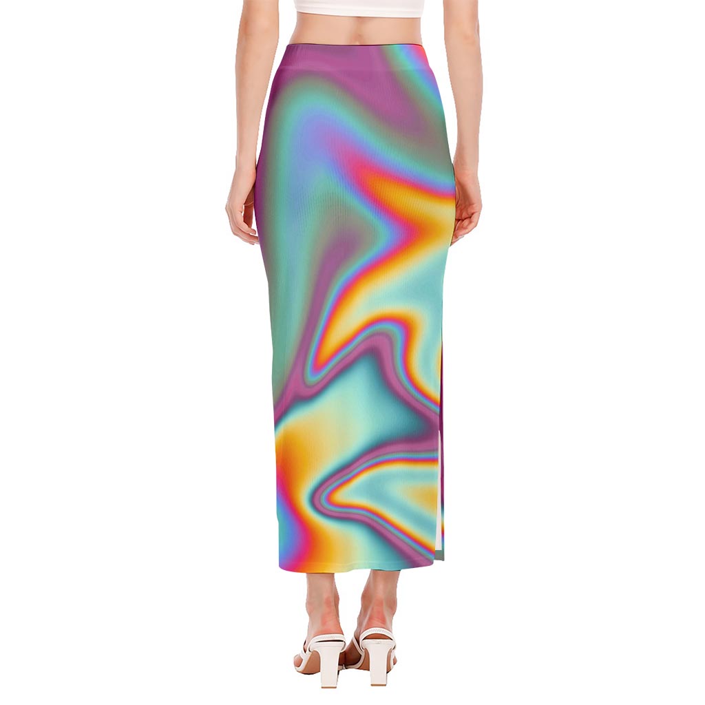 Liquid Holographic Trippy Print Side Slit Maxi Skirt