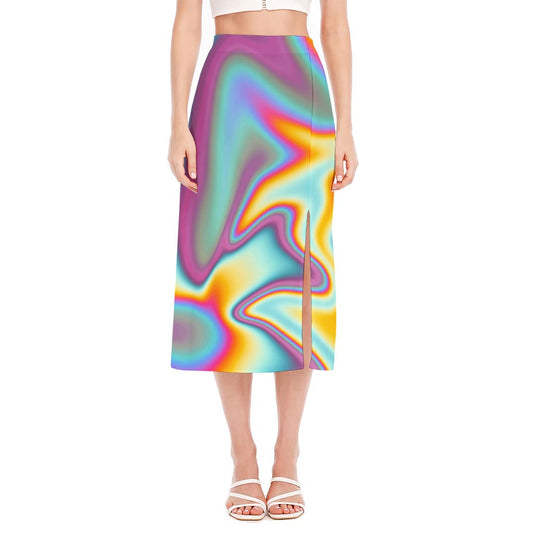 Liquid Holographic Trippy Print Side Slit Midi Skirt