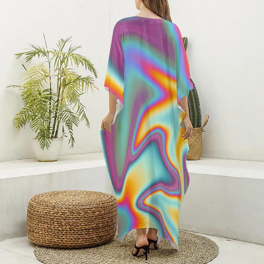 Liquid Holographic Trippy Print Silk V-Neck Kaftan Dress