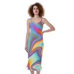 Liquid Holographic Trippy Print Slim Fit Midi Cami Dress