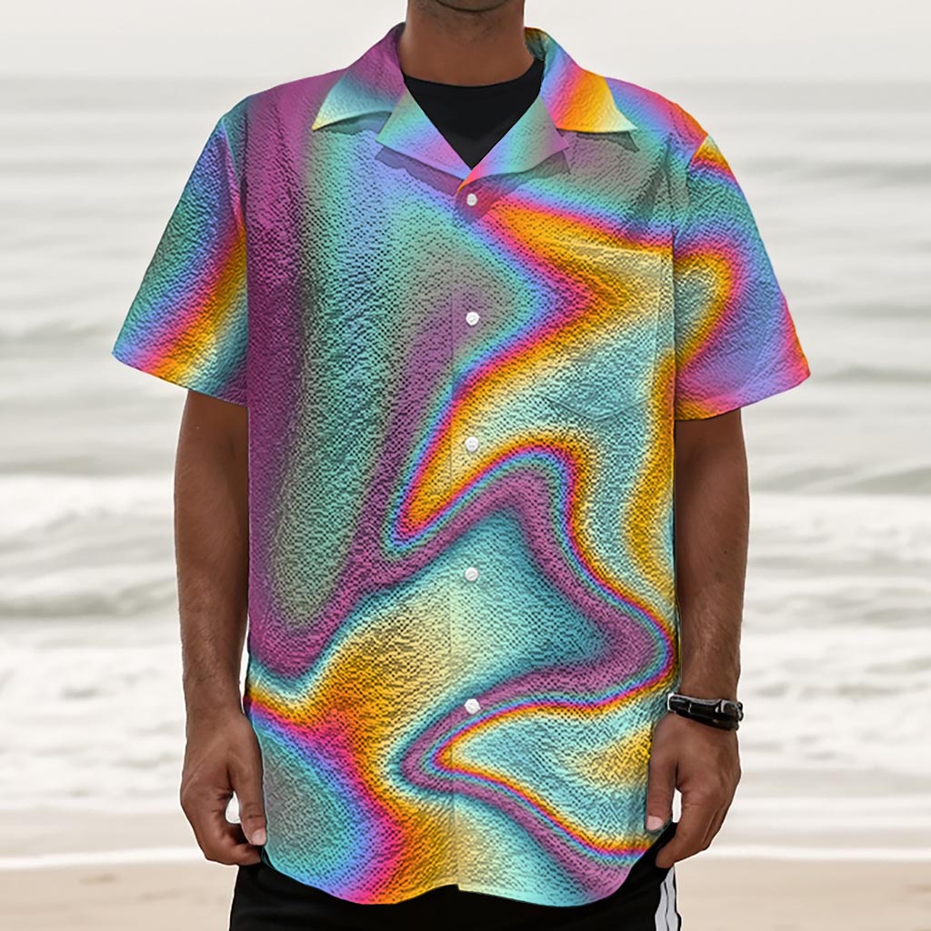 Liquid Holographic Trippy Print Textured Short Sleeve Shirt