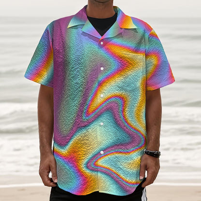 Liquid Holographic Trippy Print Textured Short Sleeve Shirt